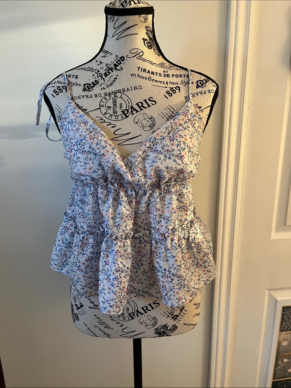 💗Floral Tie-Shoulder Ruffle Cami Top - White/Blue/Pink